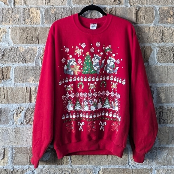 VTG 90s Y2K Holiday Christmas Kitty Cat Sweatshirt Size Medium - Picture 1 of 8